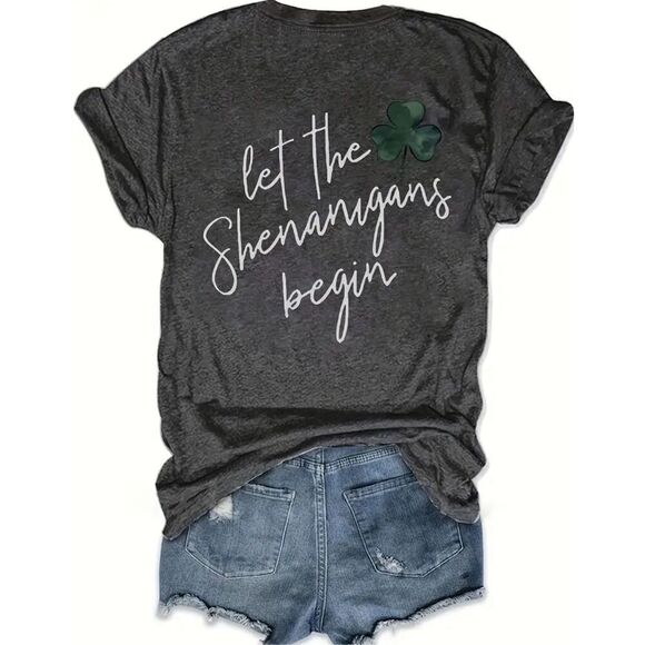 Let the Shenanigans Begin & Cute Clover short sleeve t-shirt charcoal grey sz me - Picture 1 of 3